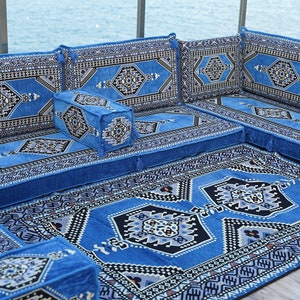 8 Inch Thick Blue Oriental Sofa, Arabic Floor Seating, Turkish Pillows, Floor Sofa Set, Patio Furniture, Arabic Diwan Majlis zdjęcie 7