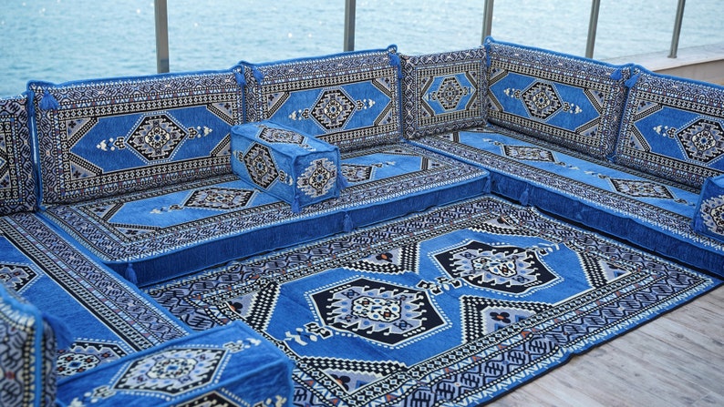 8 Inch Thick Blue Oriental Sofa, Arabic Floor Seating, Turkish Pillows, Floor Sofa Set, Patio Furniture, Arabic Diwan Majlis zdjęcie 7