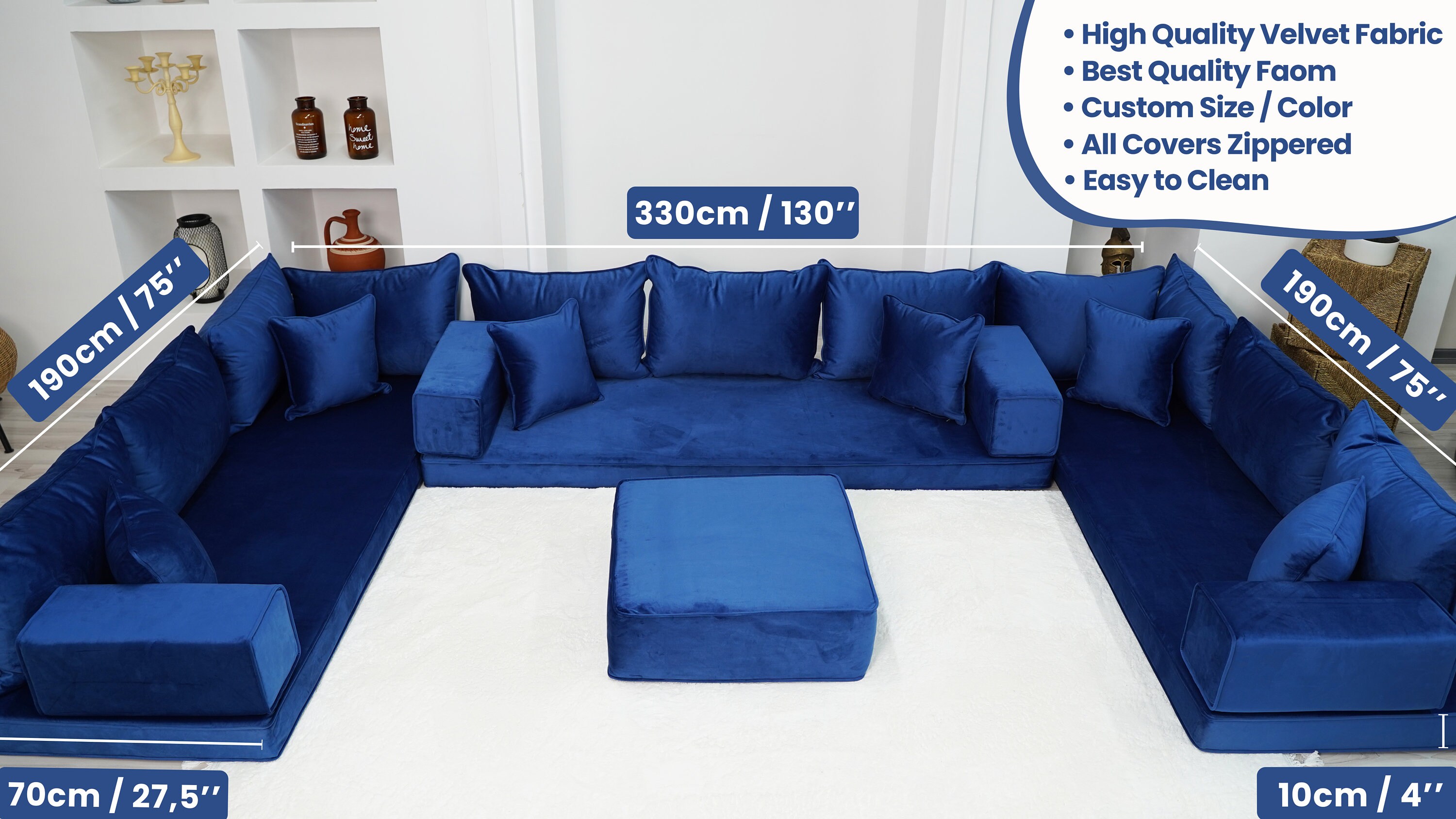 VELVET Royal Blue Color U Shaped Floor Seating Velvet Floor Sofa
