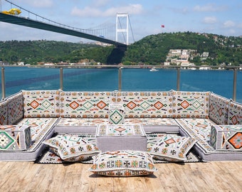 U Shaped Anatolia Gray Floor Cushions, Arabic Majlis Set, Floor Sofa Set, Pallet Sofa, Ethnic Sofa, Arabic Jalsa, Moroccan Sofas Sets