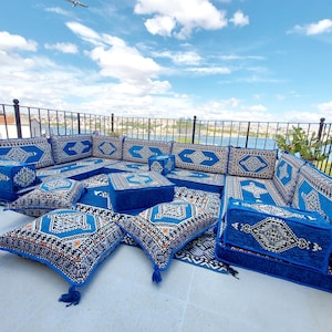 U Shaped Palace Blue Arabic Sofa Set, Terrace Pallet Sofa, Sectional Sofas, Floor Cushions, Arabic Majlis, Pouffs, Turkish Floor Seating Set