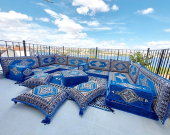 U Shaped Palace Blue Arabic Sofa Set, Terrace Pallet Sofa, Sectional Sofas, Floor Cushions, Arabic Majlis, Pouffs, Turkish Floor Seating Set