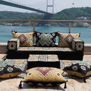 Gold&Black Arabic Majlis, 8 Thickness Arabic Floor Sofa Set, Arabic Floor Couch, Oriental Cushion, Moroccan Cushion, Ethnic Floor Cushion 8" Sofa Full Set