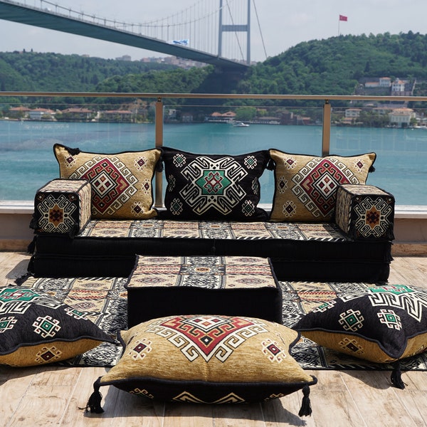 Gold&Black Arabic Majlis, 8" Thickness Arabic Floor Sofa Set, Arabic Floor Couch, Oriental Cushion, Moroccan Cushion, Ethnic Floor Cushion