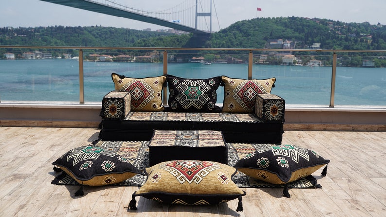 Gold&Black Arabic Majlis, 8 Thickness Arabic Floor Sofa Set, Arabic Floor Couch, Oriental Cushion, Moroccan Cushion, Ethnic Floor Cushion zdjęcie 1