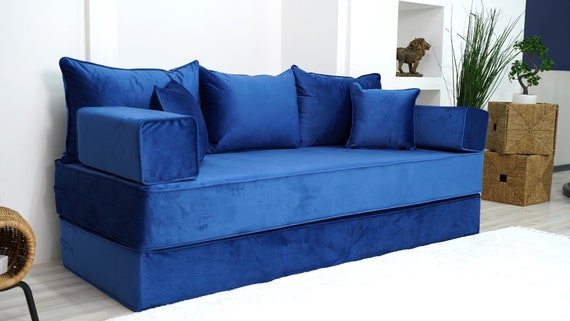 Divano Singolo Blu Royal, Cuscini Seduta, Divano Letto A Terra