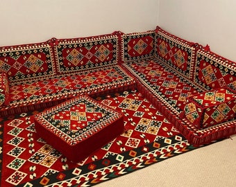 Urgup Red Arabic Floor Sofa, L Shaped Corner Seating, Arabic Jalsa, Sectional Sofas, Pallet Sofas, Floor Cushions, Bench Cushions