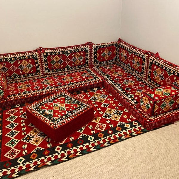 Urgup Red Arabic Floor Sofa, L Shaped Corner Seating, Arabic Jalsa, Sectional Sofas, Pallet Sofas, Floor Cushions, Bench Cushions