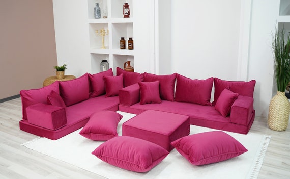 4 Inch Thick Velvet Pink Floor Sofa Floor Couches Reading Nook Boho Style Sofas Velvet Corner Sofas Modular Cushions Pillow Covers Etsy Canada