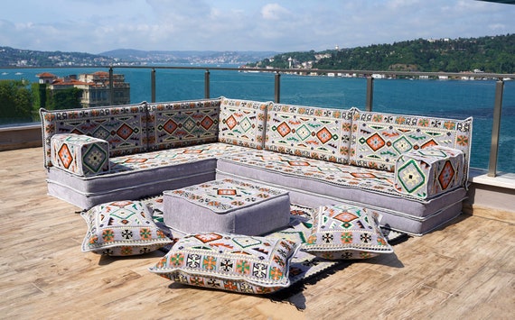 Gray L Shaped Pallet Cushions, Arabic Floor Sofa Set, Oriental