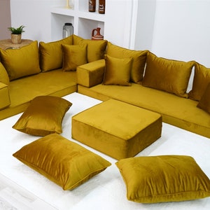 4 Inch Thick Gold Velvet Corner Floor Seating, Sectional Sofas, Modern Livingroom Sofas, Custom Made Velvet Cushions, Pillow Covers Set