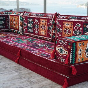 8 Thick Maroon L Shaped Floor Couch, Floor Pillows, Moroccan Livingroom Cushions, Corner Floor Cushions, Sectional Sofa Set, Arabic Majlis zdjęcie 9