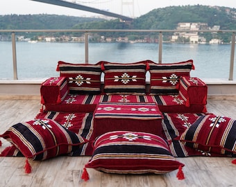 Oriental Maroon Arabic Floor Sofa Seating, Turkish Floor Cushion, Ethnic Sofa, Sectional Couch, Floor Cushions, Modular Sofa, Moroccan Rug