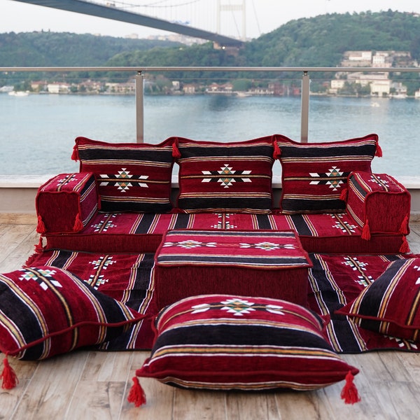 Oriental Maroon Arabic Floor Sofa Seating, Turkish Floor Cushion, Ethnic Sofa, Sectional Couch, Floor Cushions, Modular Sofa, Moroccan Rug