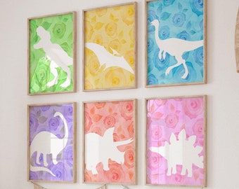 Watercolor Dinosaur Prints: Floral Girl's Room Art, Set of 6