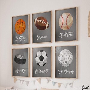 Arte de pared deportivo para niños, impresiones de carteles para niños, arte deportivo, arte de pared para habitación de niño en gris plateado, decoración de habitación deportiva para guardería, decoración deportiva para niños grandes en gris