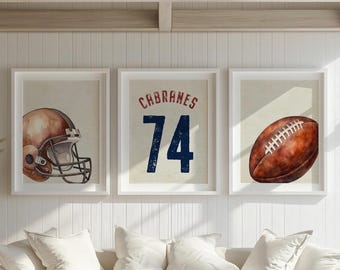 Vintage Watercolor Football Nursery Prints – Custom Name Helmet Ball (Set of 3)