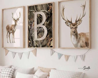 Buck Deer Camo Nursery Art - Personalized Boy Name Prints (Set of 3)