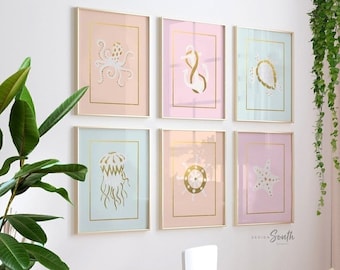 Nautical baby art, girl ocean beach nursery, nautical nursery wall art pastel tones, gold and pastel nautical room decor, baby girl room art