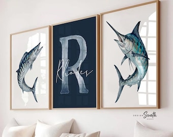 Blue Marlin & Wahoo Nursery Wall Art Set of 3, Personalized Boy Fishing Prints, Navy Saltwater Fish Decor Offshore Sportfishing Art