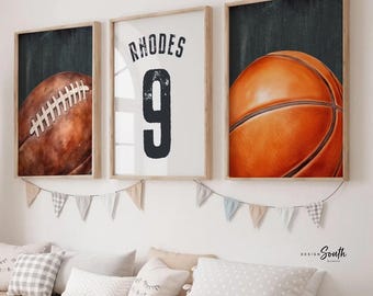 Custom Football Basketball Jersey Number Prints, Vintage Sports Nursery Wall Art (Set of 3)