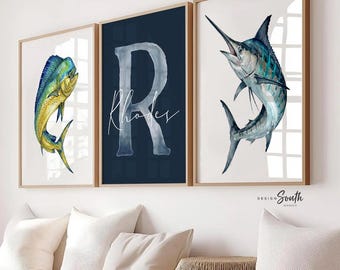 Blue Marlin & Mahi Mahi Dorado Nursery Wall Art Set 3, Personalized Boy Fishing Prints, Navy Saltwater Fish Decor Offshore Sportfishing Art