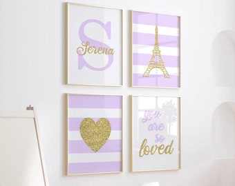 Purple Gold Paris Art Print Set: Personalized Girl's Room Decor