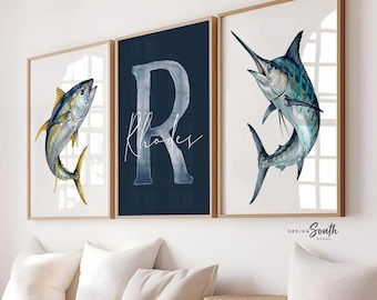 Blue Marlin & Yellowfin Tuna Nursery Wall Art Set of 3, Personalized Boy Fishing Prints, Navy Saltwater Fish Decor Offshore Sportfishing Art
