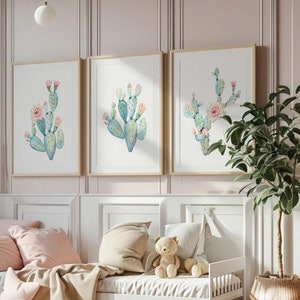 Floral cactus wall art nursery, baby girl's room wall art, succulent desert cactus bloom pink flowers, gallery wall, girl playroom pink art