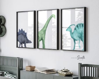 Watercolor Dinosaur Nursery Prints – Navy Teal Dino Wall Art Set (3 Prints)