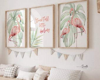 Flamingo Nursery Print Set: Tropical Palm Theme, Pink & Green (Unframed)