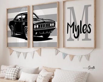 1971 Plymouth Barracuda Nursery Prints – Black Gray Muscle Car Wall Art, Personalized Name Diptych