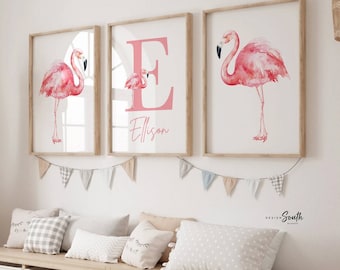 Pink flamingo nursery art, pink nursery decor baby name and flamingo, girls name customized with pink flamingos, tropical nursery themed art