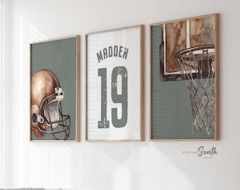 Green Sports Wall Art Set of 3, Personalized Boy Nursery Prints, Football Helmet Basketball Hoop Name & Number Bedroom Decor Gift