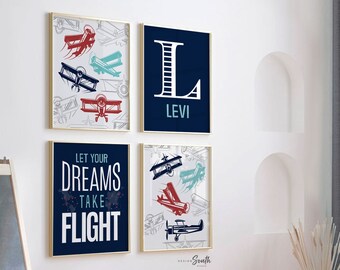 Láminas de aviones vintage: decoración de aviación para habitación infantil, juego de 4