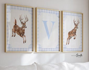Whitetail Deer Nursery Wall Art Set of 3, Baby Boy Hunting Decor, Jumping Buck Prints, Blue Gingham, Personalized Initial Hunter Room Art