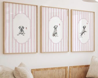 Dalmatian Puppy Girl Nursery Wall Art Set of 3, Pink Butterfly Nursery Decor, Baby Girl Bedroom Prints, Dalmatian Gift