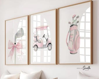 Baby Girl Golf Nursery Wall Art Set of 3, Pink & Gray Golf Nursery Decor, Personalized Toddler Girl Bedroom, Little Golfer Wall Prints