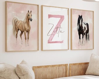 Personalized Horse Wall Art Set of 3, Girls Horse Nursery Decor, Palomino & Gypsy Vanner Prints, Pink Monogram Equestrian Room Art