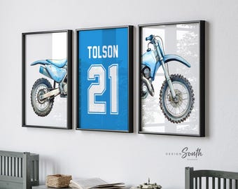 Blue Dirt Bike Watercolor Art Prints, Personalized Name Number, Motocross Nursery Decor