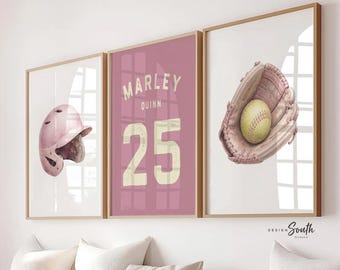 Personalized Girls Softball Wall Art Set, Pink Softball Nursery Decor, Glove Batting Helmet Print, Name Jersey Number, Softball Girl Room