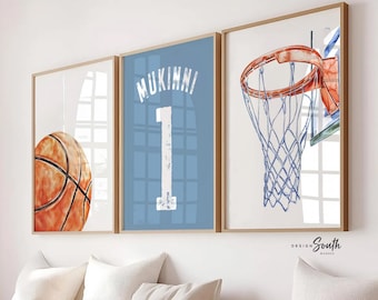 Basketball Wall Art Set of 3, Personalized Boys Basketball Nursery Decor, Blue Basketball Prints, Name Number Jersey, Little Baller Room Art