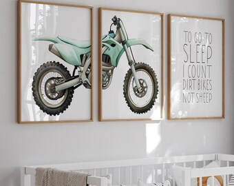 Teal Green Dirt Bike Prints Set: Boy Room Decor, Motocross Wall Art