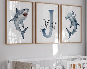 Navy Shark Wall Art Set of 3, Personalized Boy Name Prints, Great White and Hammerhead Nursery Decor, Ocean Bedroom Art