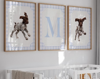 German Shorthaired Pointer Wall Art Set of 3, GSP Puppy Nursery Decor, Personalized Boys Bird Dog Prints, Blue Gingham Hunting Room Art