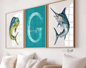 Marlin & Mahi Mahi Wall Art Set of 3, Personalized Boys Fishing Nursery Decor, Teal Blue Dorado Fish Prints, Coastal Ocean Bedroom Art