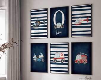 Watercolor Emergency Vehicle Prints: Personalized Nursery Art