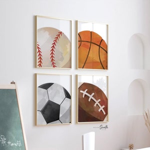 Boys room sports decor, basketball baseball football soccer wall art posters, athletic kid room, sports theme gift for boy, nursery sports
