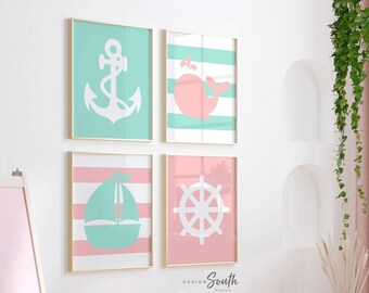 Girls nautical nursery, girls nautical playroom, pink and mint nursery, pink nursery, wall decor for girls, pink mint sailboat anchor whale