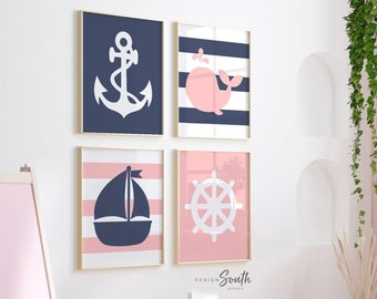 Pink and navy nautical nursery decor, girls pink navy whales, whale nursery, sailboat nursery girls, pink bedroom decor, pink nautical decor